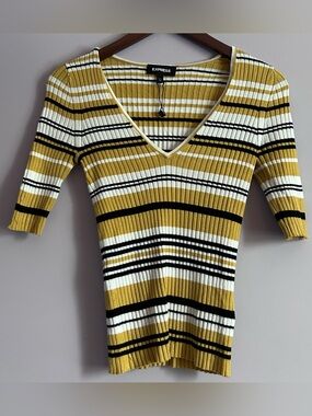 Express Plunge V-Neck Striped Ribbed Top Size XS